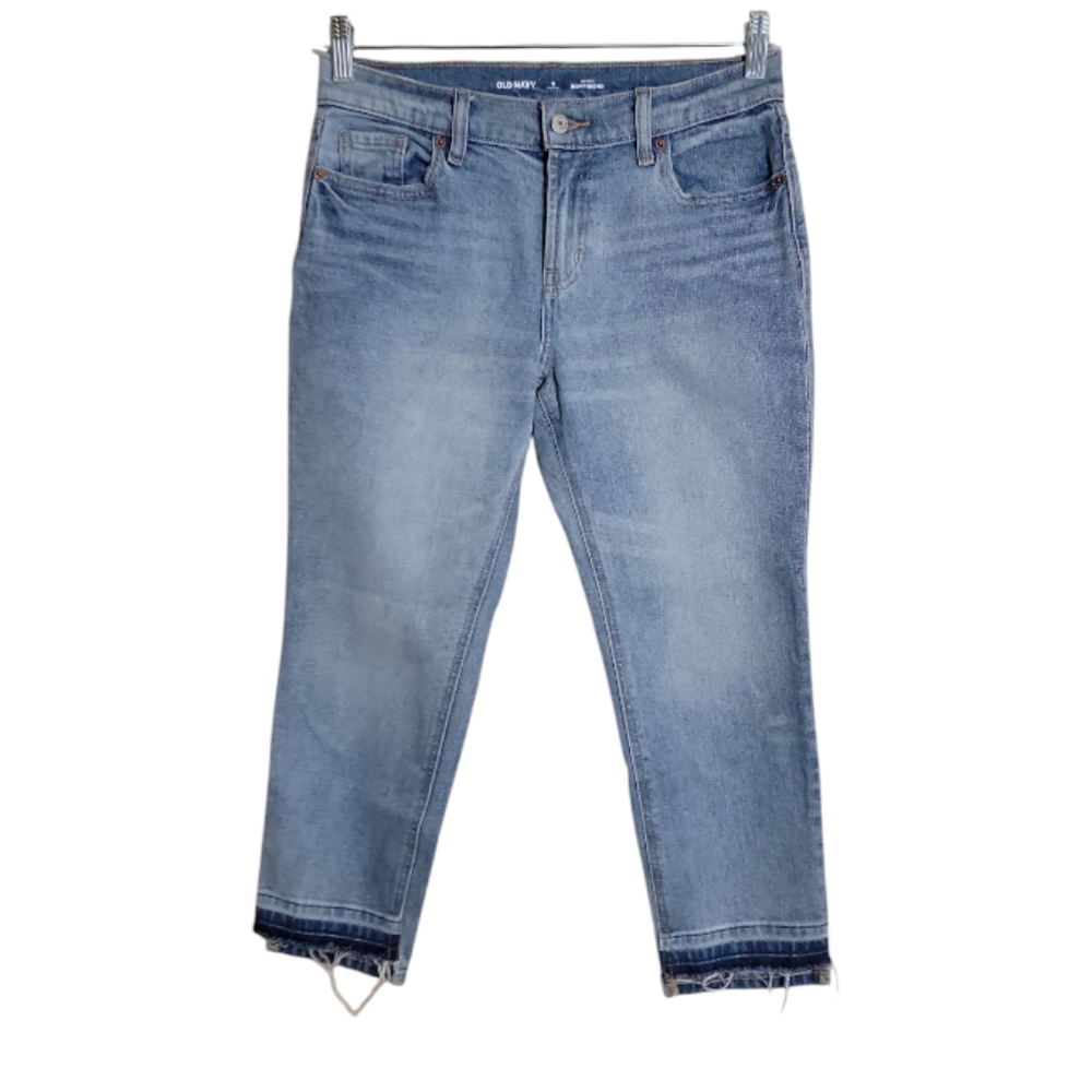 Old Navy mid rise boyfriend jeans womeb's petite 0 light wash blue raw hem denim